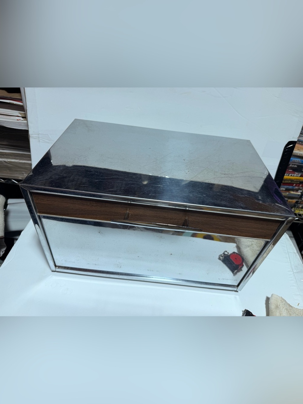 Vintage Bread Box Pie Safe Mid Century Modern Chrome with Woodgrain Trim
